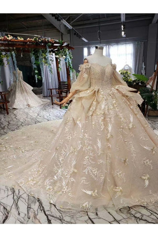 Ball Gown Wedding Dresses Sweetheart 3/4 Sleeves Top Quality Appliques Tulle Beading