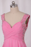 Sexy Open Back Straps A Line With Beads And Ruffles Chiffon Prom Dresses