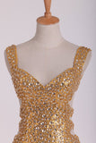 Straps Open Back Prom Dresses With Beading And Slit Sequins