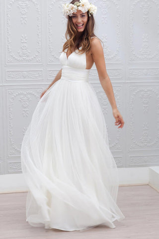 A-line Simple Spaghetti Straps Beach Wedding Dress Summer Off White Bridal Gown