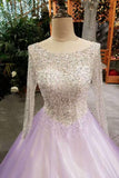 A-Line Tulle Prom Dresses Lace Up With Bling Bling Beaded Bodice Full Sleeves Open Back