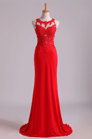 Popular Scoop Column Prom Dresses With Beading And Applique