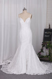 Open Back Lace Spaghetti Straps Sweep Train Wedding Dresses