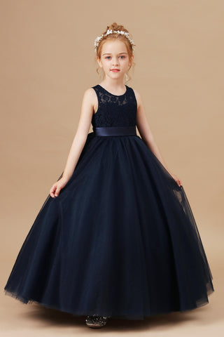 Pretty Sleeveless Stain-Sash Lace Tulle Flower Girl Dresses With Bownot