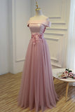 Boat Neck Tulle With Applique Prom Dresses A Line Floor Length