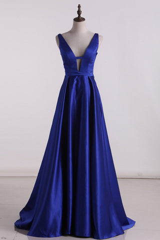 Evening Dresses A Line V Neck Satin Sweep Train Open Back