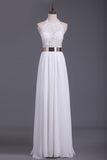 Halter Chiffon With Applique And Slit A Line Prom Dresses