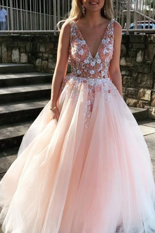 V Neck Sleeveless Tulle Prom Dress With Flowers And Beads