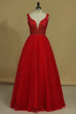 Ball Gown Straps Beaded Bodice Prom Dresses Floor Length Tulle