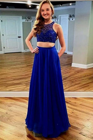 Sparkly 2 Pieces Royal Blue Beading Zipper Back Long Prom Dresses With Pockets