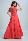 Prom Dresses Scoop A Line Chiffon With Beading Cap Sleeves