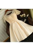 Short Sleeves Scoop Satin & Lace A Line Short/Mini Homecoming Dresses