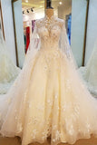 High Neck Wedding Dresses A Line With Beading Appliques Court Train Tulle Lace Up