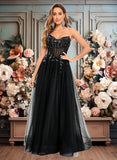 Samantha Ball-Gown/Princess V-Neck Floor-Length Tulle Prom Dresses With Sequins Appliques Lace JLP0025837