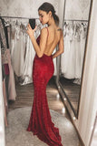 Burgundy Sequins Mermaid Long V Neck Backless Prom Dresses, Formal SJS20393