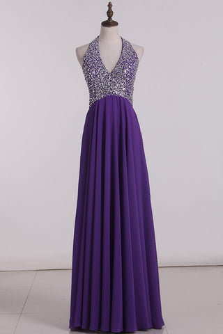 Chiffon Halter A Line With Beading Floor Length Prom Dresses