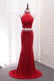 High Neck Spandex Two Pieces Prom Dresses With Applique And Beads Sweep Train