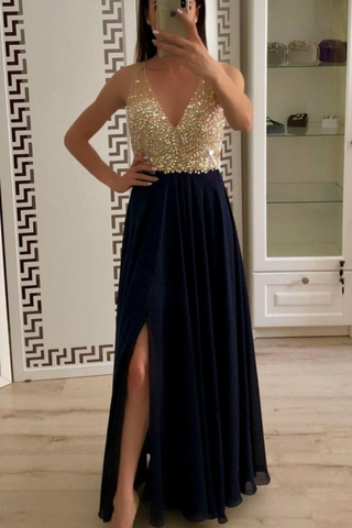 V-Neck A-Line Beading Chiffon Prom Dresses With Slit