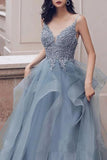 Spaghetti Straps Blue Gray Tulle V Neck Long Ruffles Prom Dresses with Lace Applique SJS15411