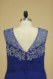 Plus Size Prom Dresses V Neck Beaded Bodice Chiffon Sweep Train