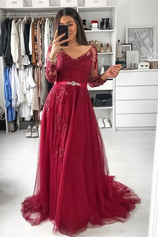 V Neck Long Sleeves A Line Appliqued Tulle Prom Dress With Beading SJSPG4JK1K3