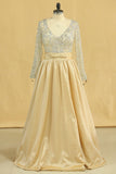 Prom Dresses V Neck Long Sleeves A Line Taffeta With Beading Floor-Length