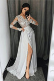 V Neck Long Sleeves Prom Dresses A Line With Applique And Slit