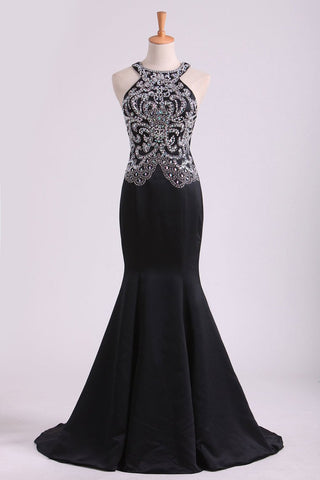 Black Scoop Mermaid Beaded Bodice Open Back Prom Dresses Satin Floor Length