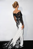 Long Sleeves Prom Dresses Boat Neck Spandex With Applique Sweep Train