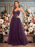 Samantha Ball-Gown/Princess V-Neck Floor-Length Tulle Prom Dresses With Sequins Appliques Lace JLP0025837