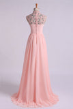 High Neck Prom Dresses A-Line Chiffon With Beads And Ruffles