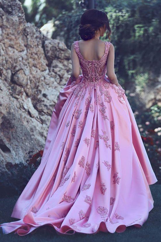 A-Line Luxury Square Appliques Beaded Satin Sweetheart Lace up Pink Quinceanera Dress JS399