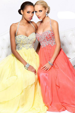 Hot Selling Prom Dresses Halter A-Line Floor Length Chiffon Color Watermelon Only Cheap