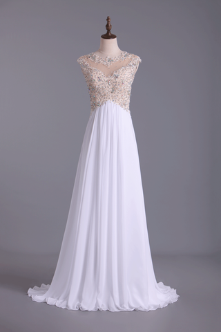 Scoop Neckline Off The Shoulder Prom Dresses White Floor Length Chiffon With Gold Embroidery