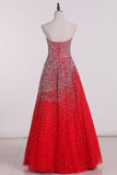 A Line Strapless Beaded Bodice Prom Dresses Tulle Floor Length