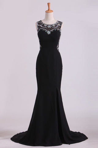 Black Prom Dresses Scoop Neckline Mermaid Chiffon With Beads And Slit