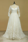 Plus Size Bateau Wedding Dresses 3/4 Length Sleeve With Applique Tulle