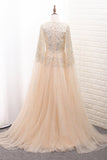 Shiny A Line Prom Dresses Scoop Tulle With Beading & Rhinestones Sweep Train