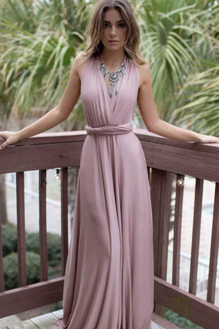 Pink V Neck Sweep Train A Line Backless Party Dresses Bridesmaid Dresses