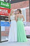 Scoop Prom Dresses A Line Beaded Bodice Chiffon Sweep Train