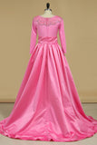 Scoop Prom Dresses 3/4 Length Sleeves Satin With Beads A Line