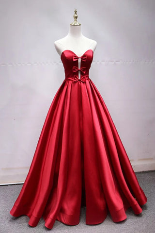 A Line Sweetheart Red Satin Lace Up Long Prom Dresses with Bowknot, Cheap Formal Dresses SJS15035