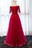 Elegant Half Sleeve Tulle Appliques Sweetheart Red A-Line Floor-Length Prom Dresses JS223