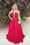 A Line Scoop Tulle Prom Dresses With Applique And Beads