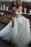 Charming Ball Gown Sweetheart Strapless 3D Flowers Tulle Off White Wedding Dresses SJS15095