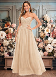 Samantha Ball-Gown/Princess V-Neck Floor-Length Tulle Prom Dresses With Sequins Appliques Lace JLP0025837