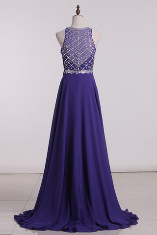 Prom Dresses A Line Scoop Beaded Bodice Chiffon Sweep Train