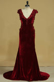 V Neck Mermaid Prom Dresses Velvet With Handmade Flowers