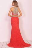 Boat Neck Lace With Beading&Rhinestones Mermaid Sweep Train Prom Dresses