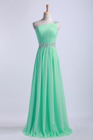 One Shoulder A-Line Prom Dresses Floor Length Chiffon With Beading&Sequins